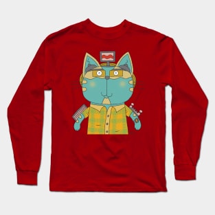 Cat Goof Computer Gamer Nerd Long Sleeve T-Shirt